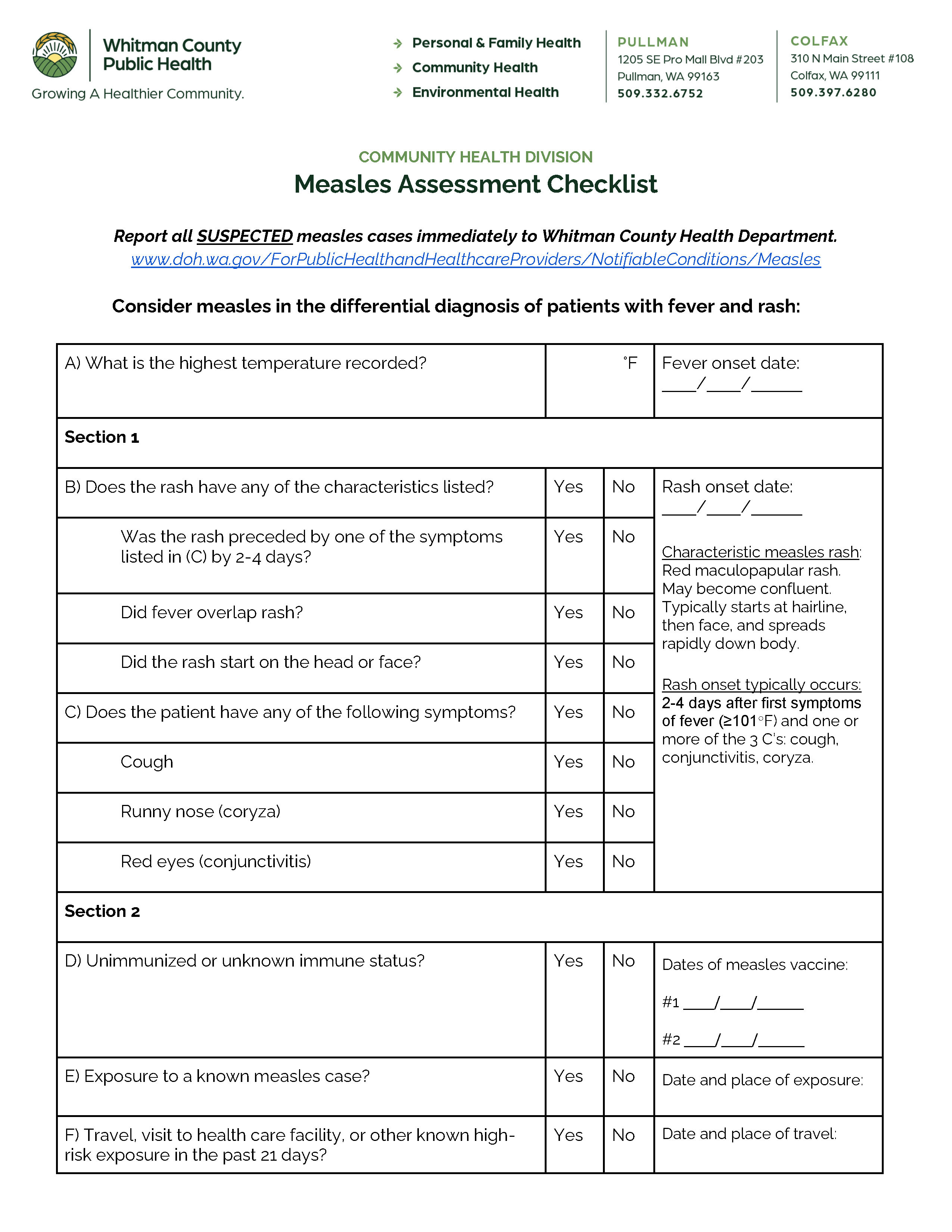WCPH Assessment Checklist Measles 1 Page 1
